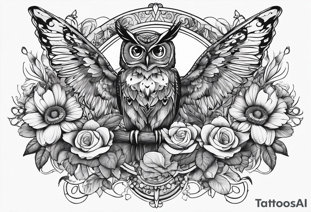 Flowers with butterflies and a owl tattoo idea