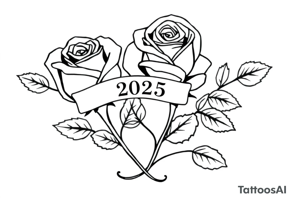 two beautiful large rose buds, one larger than the other, with many leaves next to the rose buds, with one sitting higher than the other. Include a banner connecting the two roses with the year "2025" on it.   Use dark outlines with little shading. The two stems should be short, not long, and connect and join into one stem, whimsically curved or twisted - not straight down. tattoo idea