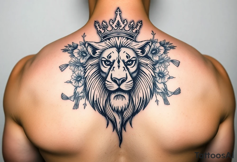 powerful majestic lion with a crown, surrounded by floral ornaments and birds tattoo idea