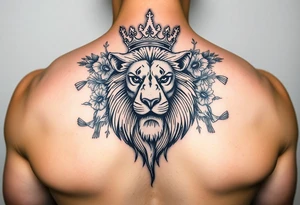 powerful majestic lion with a crown, surrounded by floral ornaments and birds tattoo idea