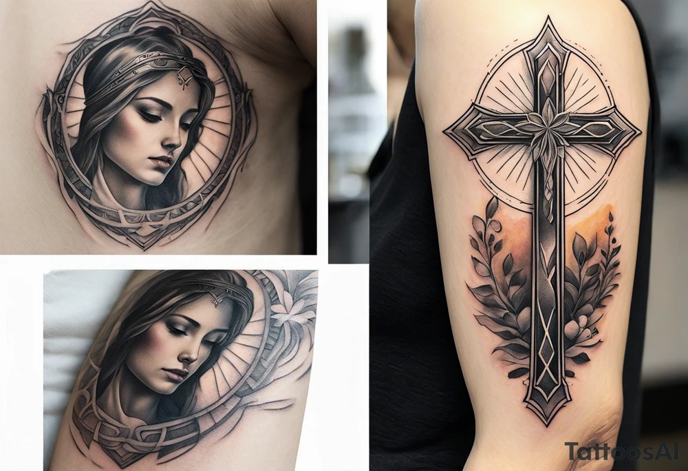 Realistic Tattoo: A refined cross with a soft halo surrounding it, symbolizing light and spirituality. Delicate rays extend outward from the halo, adding a subtle glow and depth. The cross itself is simple and elegant, with potential for small, intricate line details within the design. Style: Realism tattoo idea