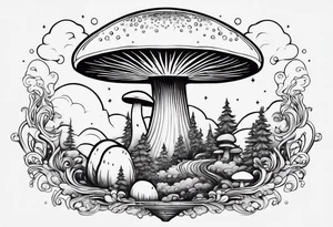 mushroom rocketship with fire coming out the bottom bursting out of bubble into spiritual realm tattoo idea