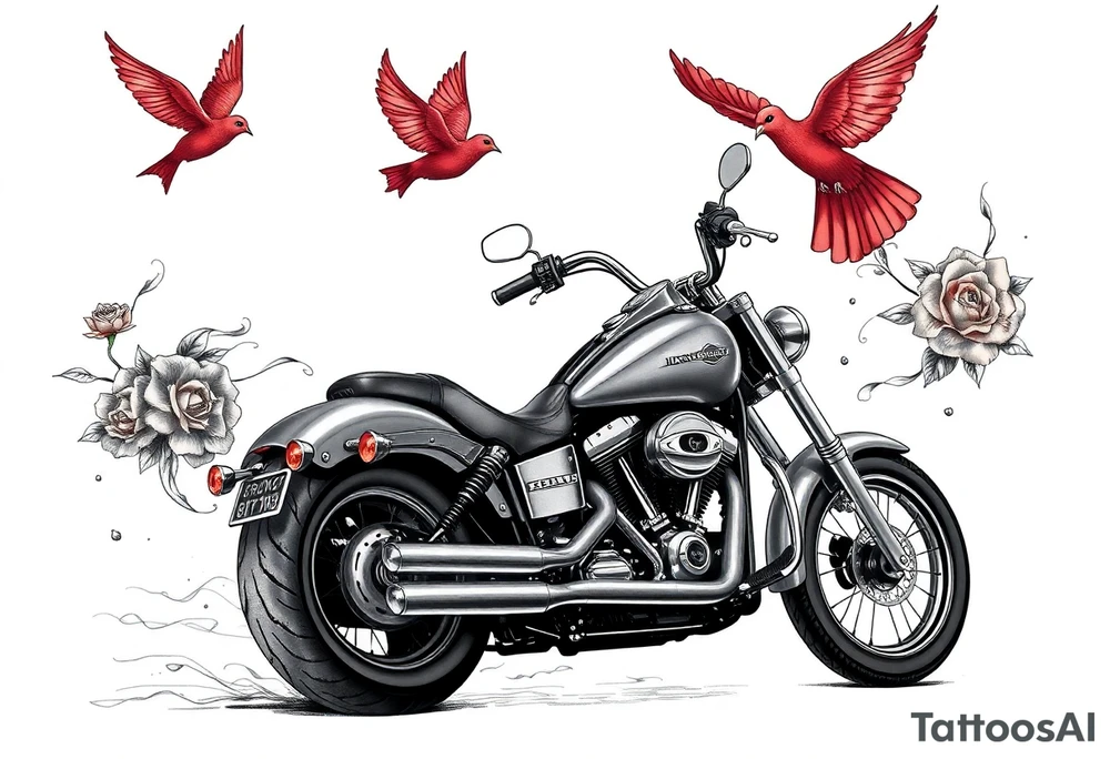 Harley grey motorcycle driving away, two red birds flying, roses and lace, flames tattoo idea