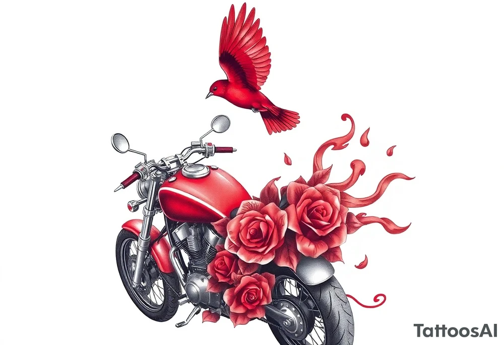Motorcycle, red bird flying, roses and lace, flames tattoo idea