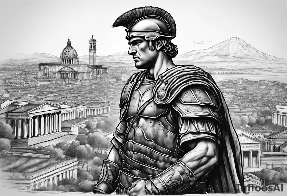 Close up of roman solider with city in the background tattoo idea