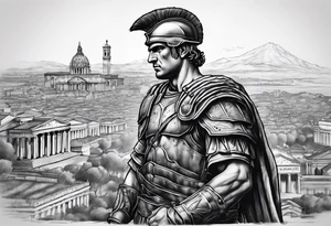 Close up of roman solider with city in the background tattoo idea
