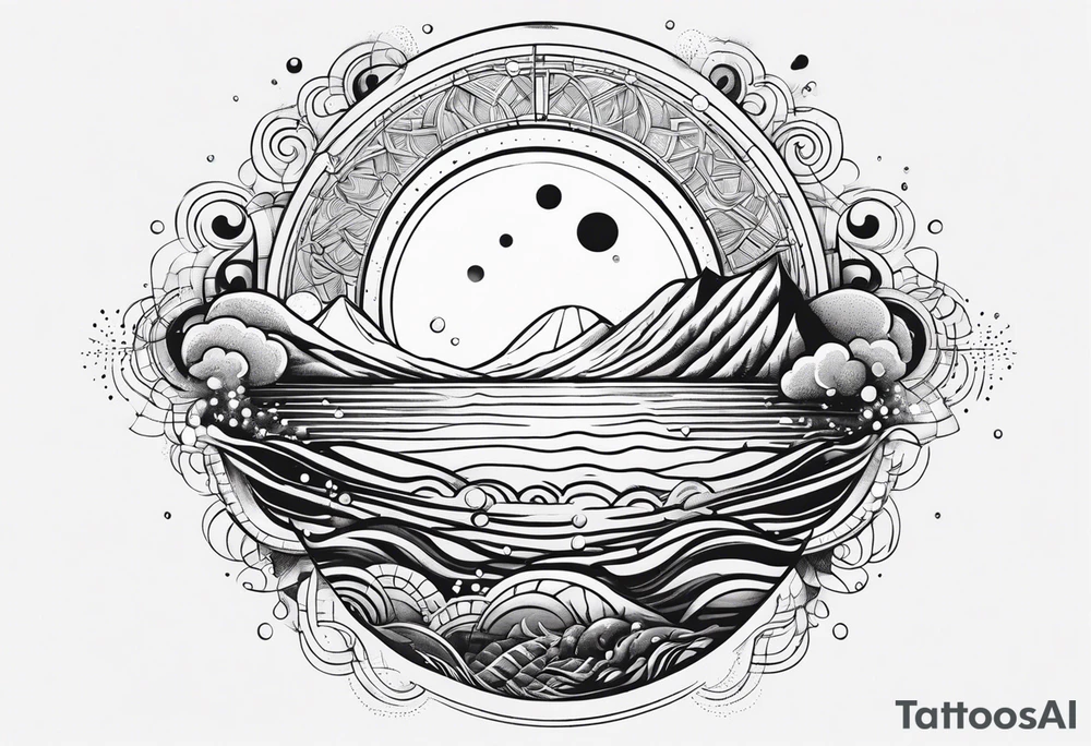 Water element, with half a sun, and water dots , long shape tattoo idea