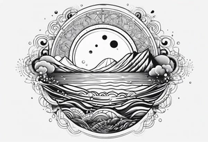 Water element, with half a sun, and water dots , long shape tattoo idea