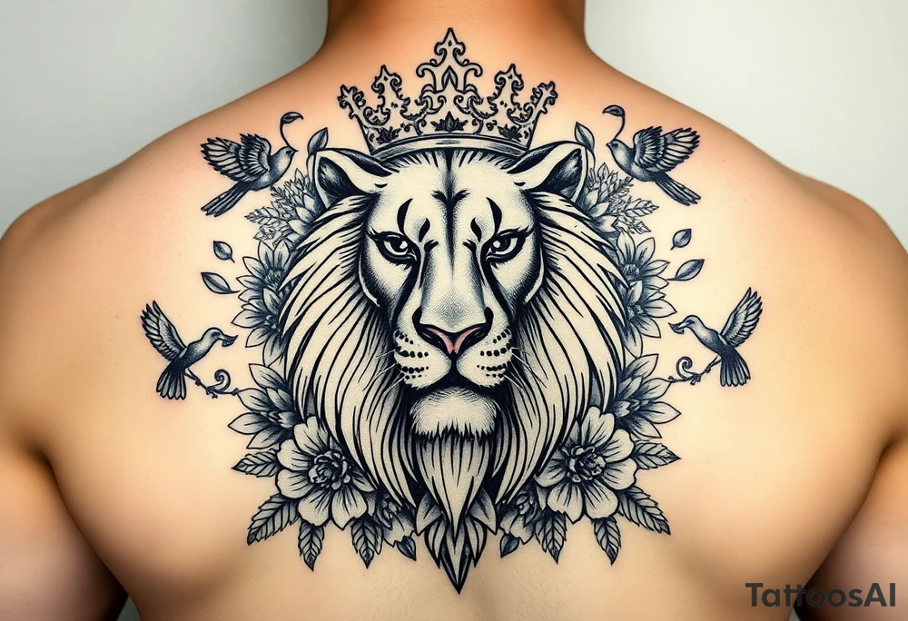 powerful majestic lion with a crown, surrounded by floral ornaments and birds tattoo idea
