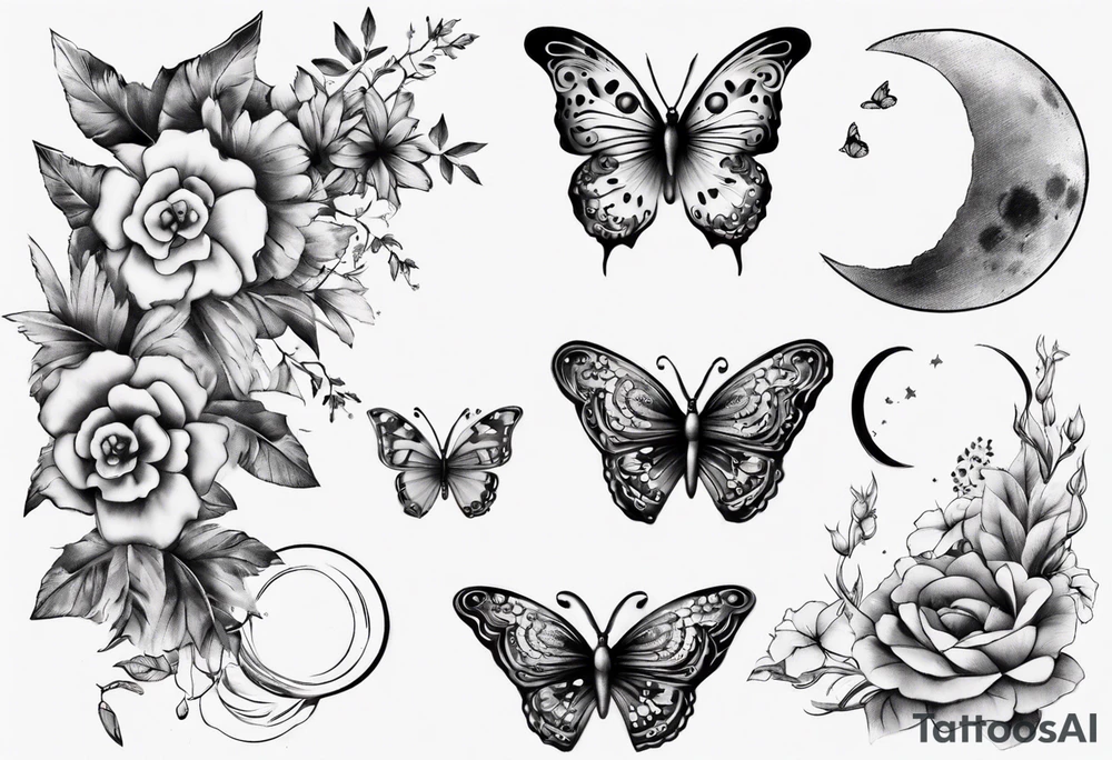Butterfly wrap tattoos with moon and floral theme tattoo idea Butterfly wrap tattoos with moon and floral theme tattoo idea