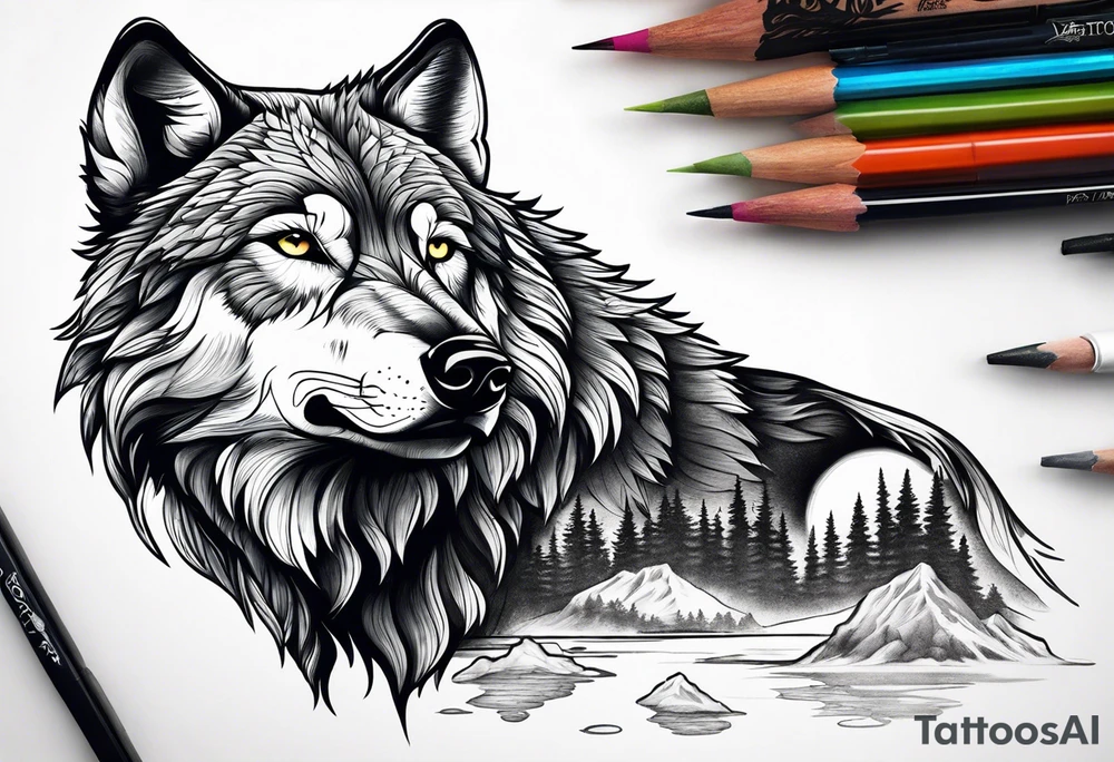 Create a tattoo of a wolf with mountain/lake tattoo idea