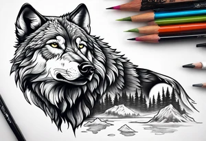 Create a tattoo of a wolf with mountain/lake tattoo idea