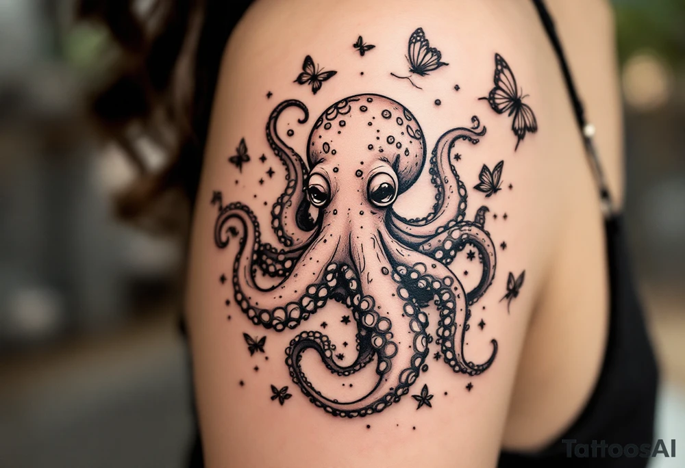 cute octopus, friendly, surrounded by butterflies and oceanic items, brown ink tattoo idea