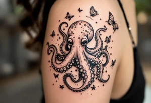 cute octopus, friendly, surrounded by butterflies and oceanic items, brown ink tattoo idea