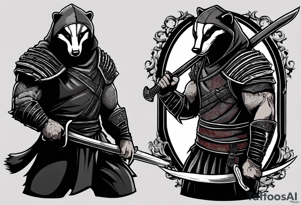 Draw me psychopath Honey Badger/Berserker/Assassin with aggressive full body, killer face with a scary smile, very long nails and he attacks like a Bloody Assassin/Warrior/Gladiator to us and also, he has very deadly looking. He fights with his nails only. Everybody scares after their first sight. Give me horror type Badger Tattoo. I want to see his Realistic full body with no weapons. You can show destruction at the back. tattoo idea