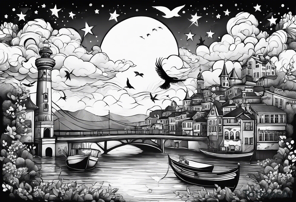 stars, clouds, birds, city tattoo idea