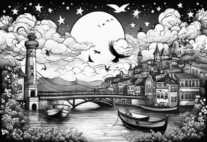 stars, clouds, birds, city tattoo idea