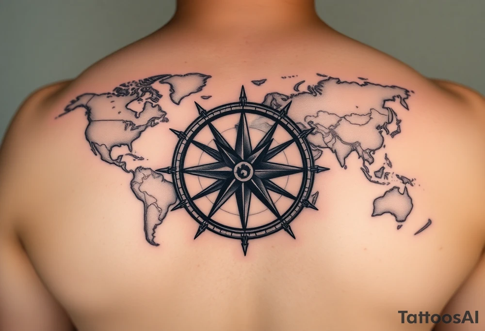 antique compass rose overlaid on weathered world map with sailing ships tattoo idea