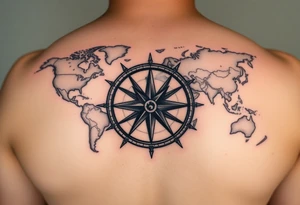antique compass rose overlaid on weathered world map with sailing ships tattoo idea