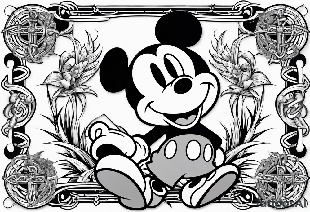 mickey mouse pirate with palm trees and celtic symbol for family tattoo idea