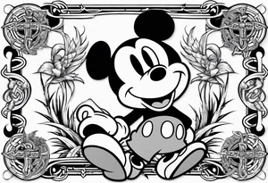 mickey mouse pirate with palm trees and celtic symbol for family tattoo idea
