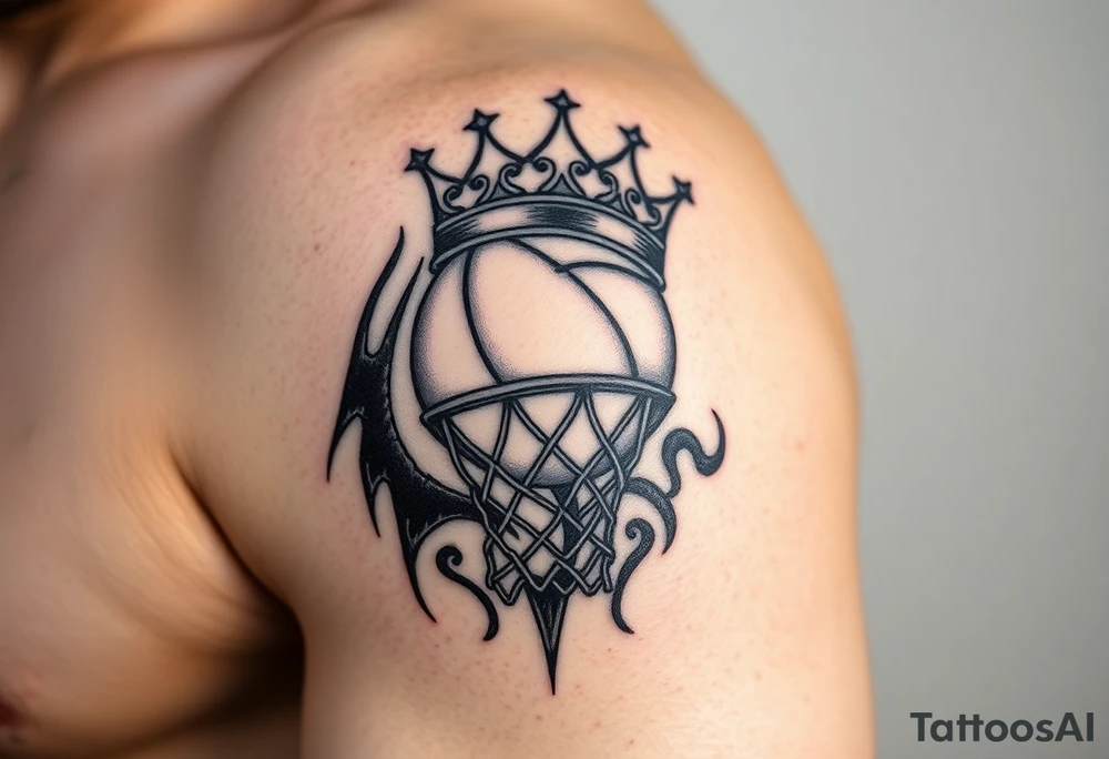 Basketball and basketball hoop with a crown, tribal influence tattoo idea