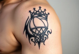 Basketball and basketball hoop with a crown, tribal influence tattoo idea