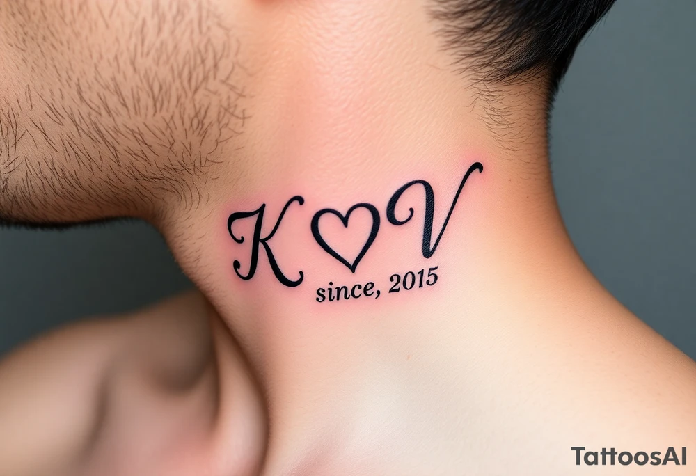 A beautiful calligraphic script of the couple’s initials (K and V), intertwined with a subtle heart-shaped flourish and wedding date (since 2015) tattoo idea