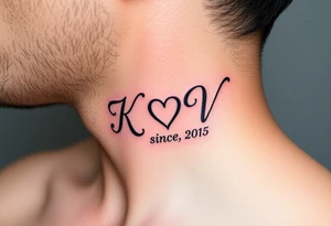 A beautiful calligraphic script of the couple’s initials (K and V), intertwined with a subtle heart-shaped flourish and wedding date (since 2015) tattoo idea