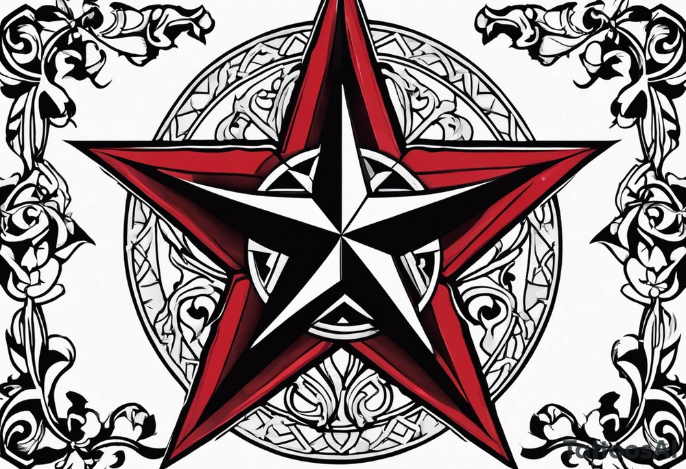 Texas star with a ring around it. Thick ivy in the background. Design bordered with thick lines on the top and bottom. Black with red highlights tattoo idea