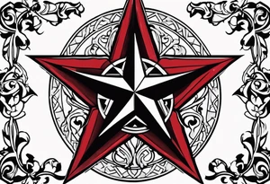 Texas star with a ring around it. Thick ivy in the background. Design bordered with thick lines on the top and bottom. Black with red highlights tattoo idea