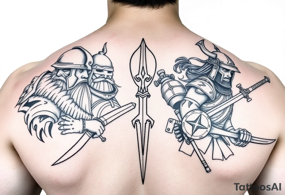 For a full back tattoo create the following battle seen- Viking vs Angus Kahn vs English knight vs Roman gladiator vs Japanese samurai tattoo idea