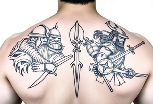 For a full back tattoo create the following battle seen- Viking vs Angus Kahn vs English knight vs Roman gladiator vs Japanese samurai tattoo idea