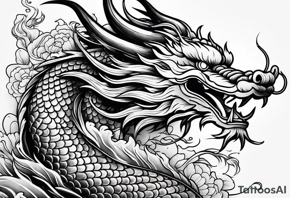 Chinese dragon, koi, floral, black, shoulder tattoo idea