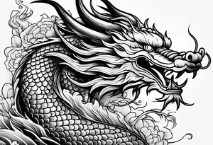 Chinese dragon, koi, floral, black, shoulder tattoo idea