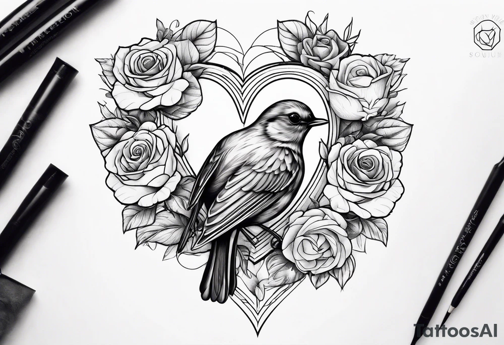 A real heart with a Robin inside surrounded by roses, likely of the valley and cosmos flowers tattoo idea