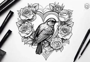 A real heart with a Robin inside surrounded by roses, likely of the valley and cosmos flowers tattoo idea