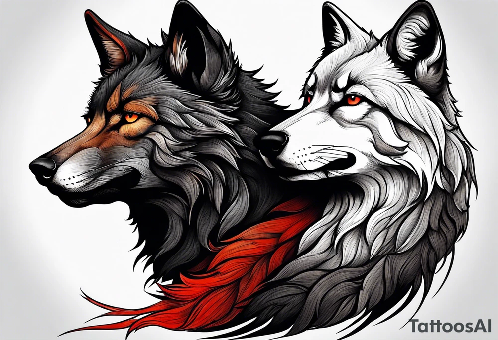 Black wolf and red fox nuzzling tattoo idea