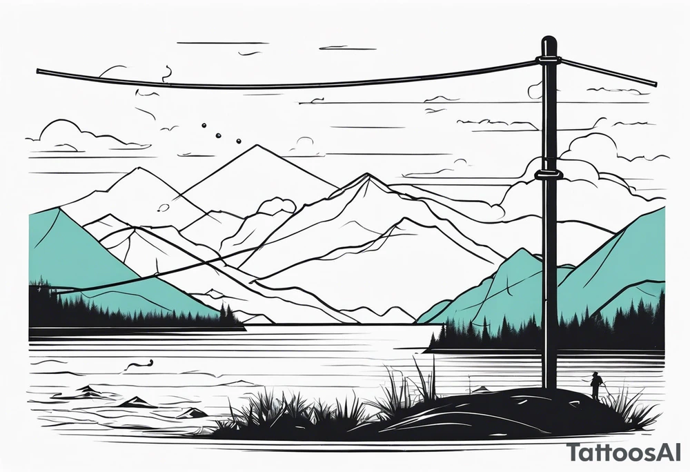 landscape and fishingpole and line with hook tattoo idea