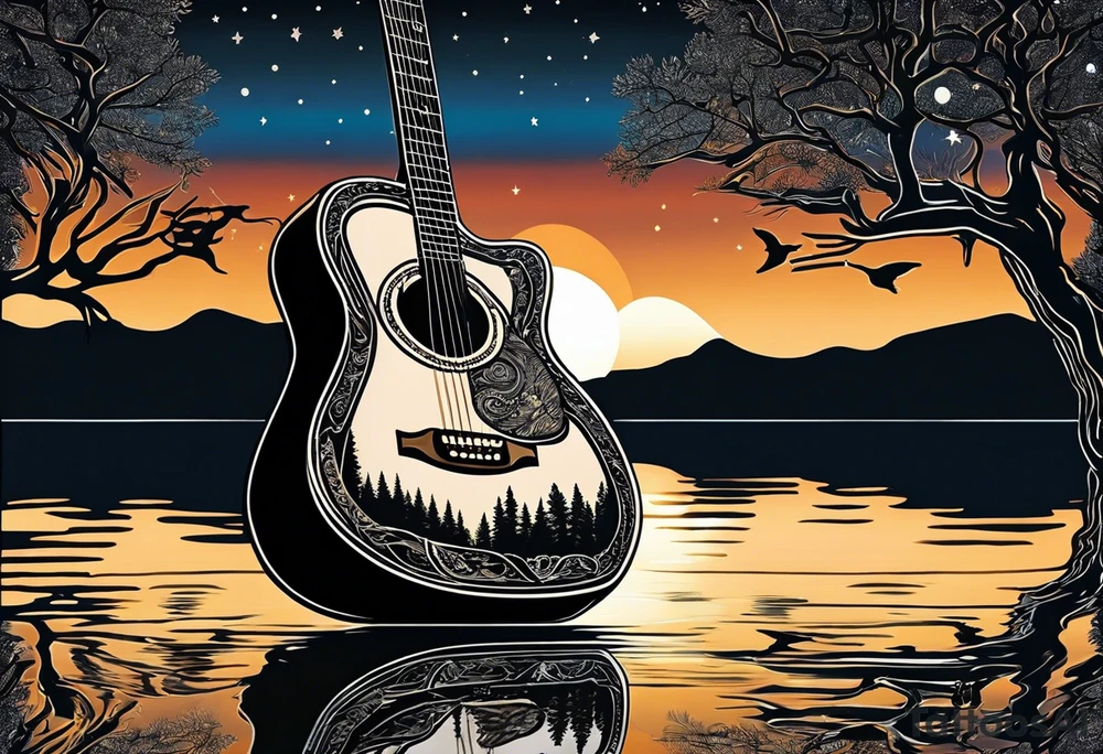 sideways black acoustic guitar made out of trees on one side with a reflection in a lake on the other side at night with a star and prayer hands on the body. tattoo idea