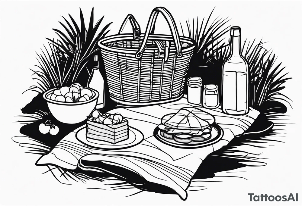 Black and white minimalstic picnic scene in nature. A blanket on the ground with picnic-basket with lid, pillows and party tennants. Thin lines. tattoo idea