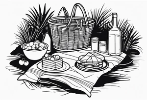 Black and white minimalstic picnic scene in nature. A blanket on the ground with picnic-basket with lid, pillows and party tennants. Thin lines. tattoo idea