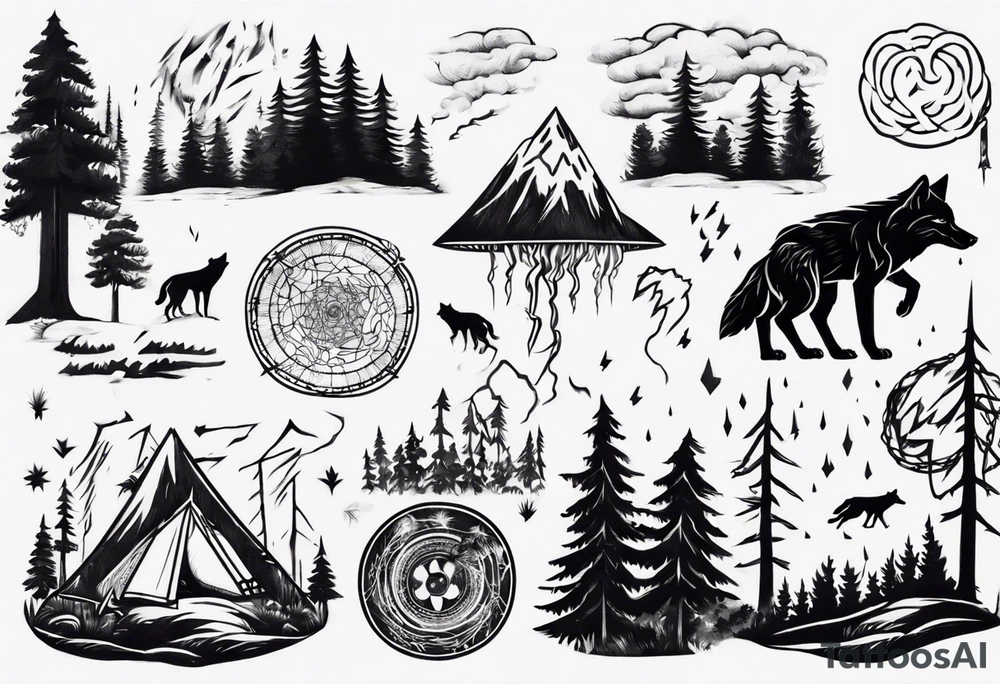 a thunder and lightning storm over a forest with a distant wolf howling and a drum circle tattoo idea a thunder and lightning storm over a forest with a distant wolf howling and a drum circle tattoo idea
