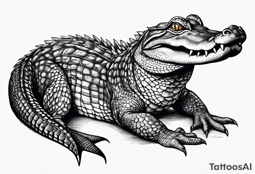 Full body caiman with stretched tail top view tattoo idea