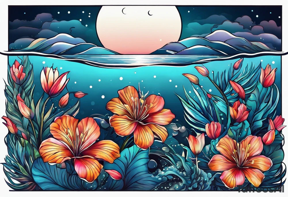 sea,, night, flower, palm, tattoo idea