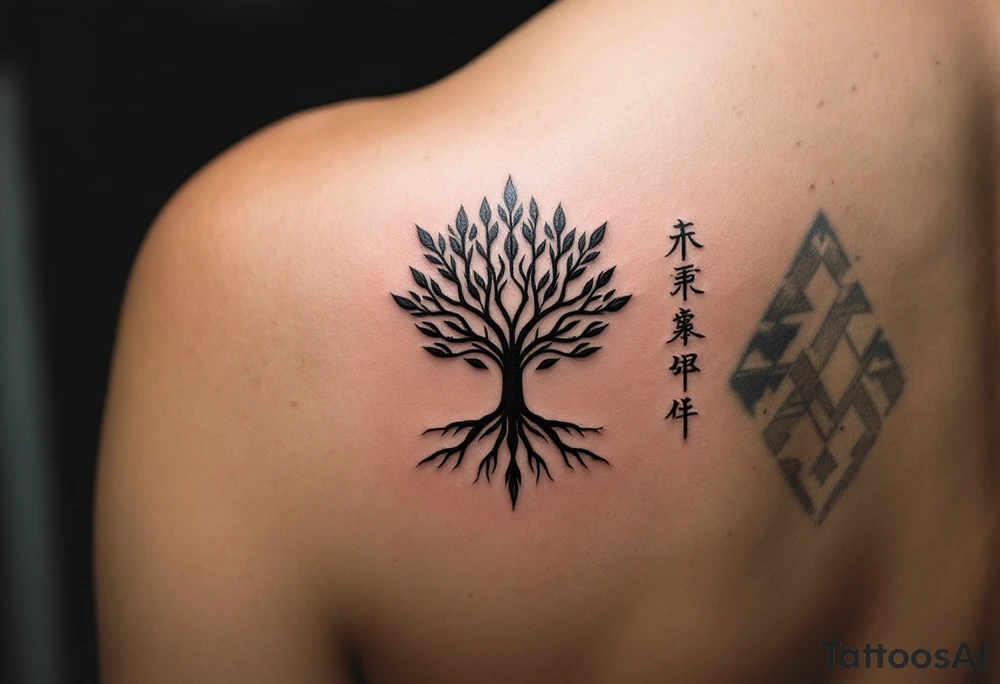 家 (jiā, “family”) in earthy brown is placed near a tree symbol for roots and legacy. tattoo idea