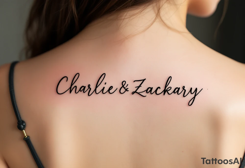 Create a delicate tattoo design that seamlessly integrates the names "Charlie" and "Zackary" in graceful, flowing cursive. Enclose the names within a softly stylized symbol that embodies strength and unity. add other symbol with it tattoo idea