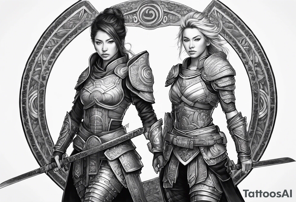 3 female warriors in full body armor wielding dual swords, you can only see their backs, in front of a incomplete enso circle tattoo idea