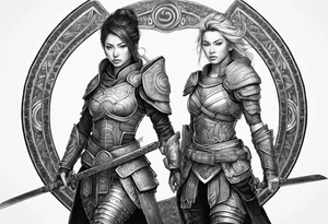 3 female warriors in full body armor wielding dual swords, you can only see their backs, in front of a incomplete enso circle tattoo idea
