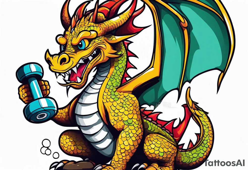 Dragon with dumbbell in mouth tattoo idea